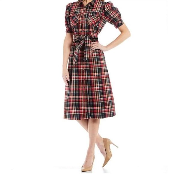 NWOT LDT Hope Point Collar Plaid Puff Sleeve Midi Dress Red Green 14 - Picture 1 of 7